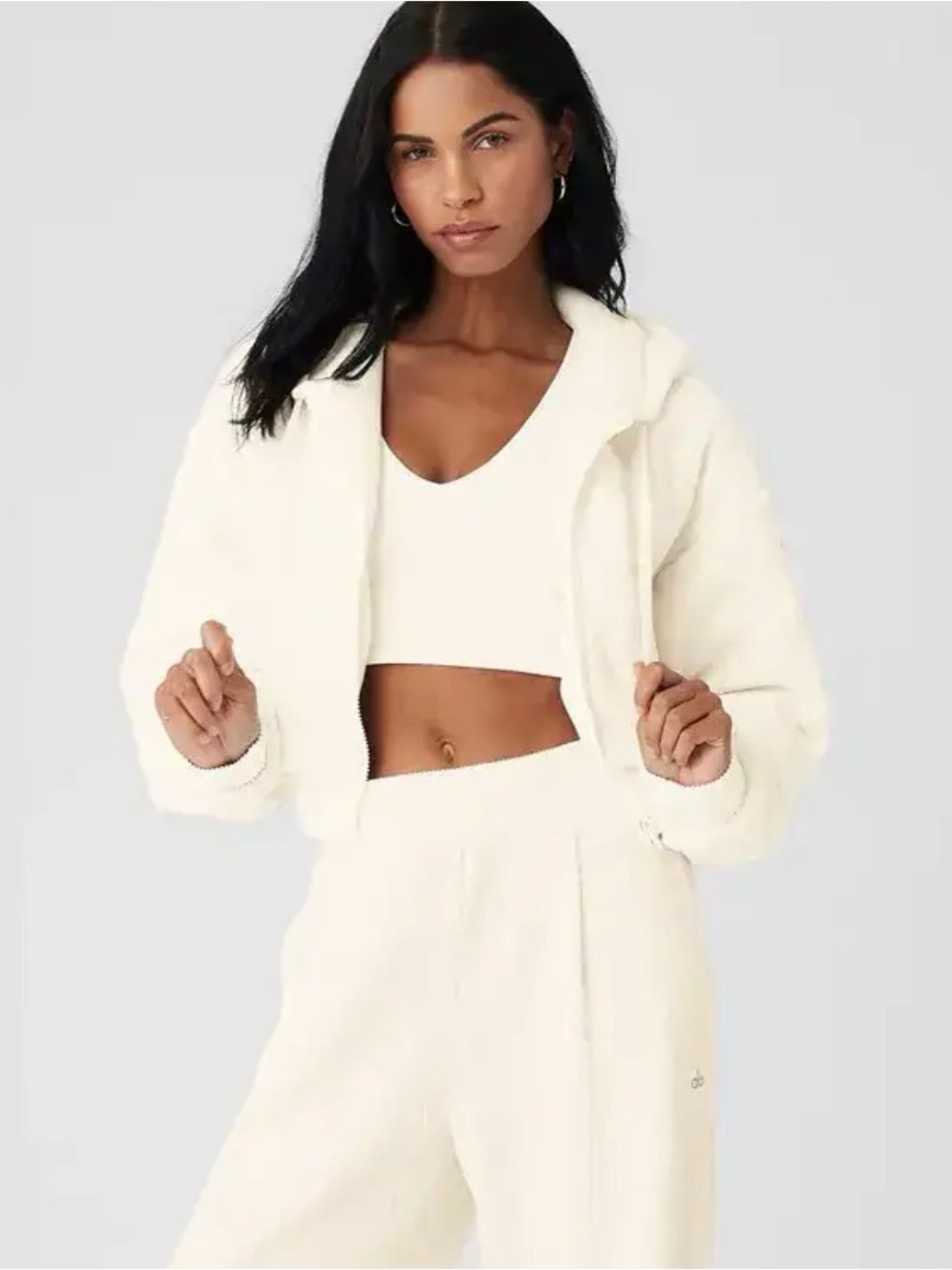 ALO Yoga Women's Off-White Cropped Puffer Jacket with Hood